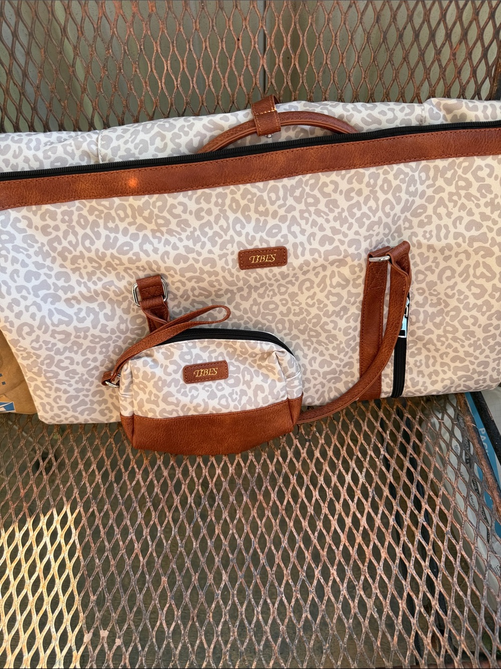 Tibes Cream Leopard Travel Weekender with Brown Trim